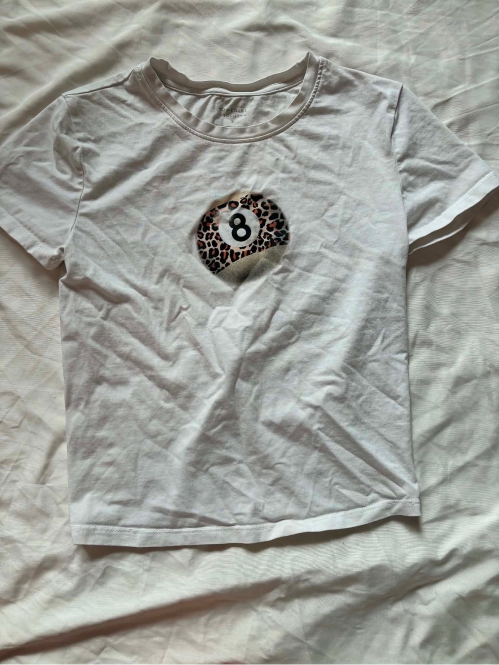 White Graphic Tee with Leopard 8-Ball Design